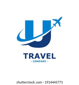 letter U with plane and airline logo vector template. Suitable for travel label, tourism, journey posters, flight company advertising, airways identity, and tech transportation