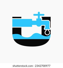 Letter U Plumber Logo Design. Plumbing Logo Symbol With Water and Water Tap Icon