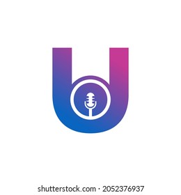 Letter U Podcast Record Logo. Alphabet with Microphone Icon Vector Illustration