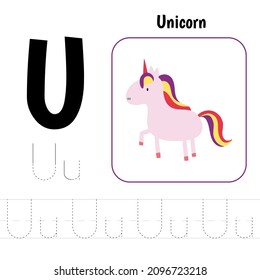 Letter U prescription. Kids sheet  for the development and education.  How to write letter from alphabet Vector illustration.