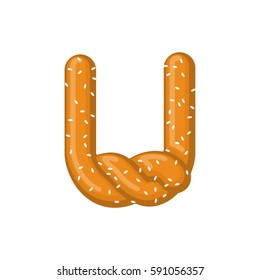 Letter U pretzel. snack font symbol. Food alphabet sign. Traditional German meal is ABC. Bake 
