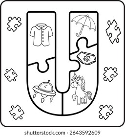 Letter U Puzzle Alphabet  with Objects kids coloring books for kids