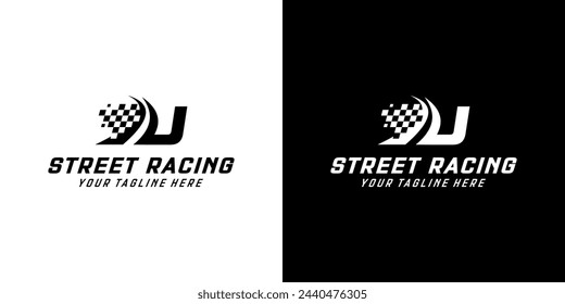 Letter U with Racing flag icon on black and white background, racing,automotive,road logo