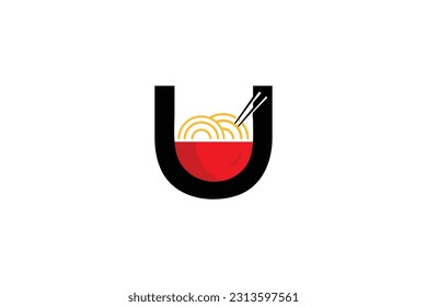 letter u with ramen bowl illustration design, ramen logo design, restaurant logo, letter u restaurant logo, u noodles logo