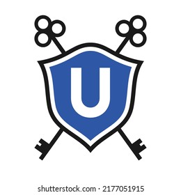 Letter U Real Estate Logo Design Concept with Crossed Key Sign. Key Real Estate Logotype on Shield Symbol