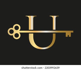 Letter U Real Estate Logo Concept With Home Lock Key Vector Template. Luxury Home Logo Key Sign
