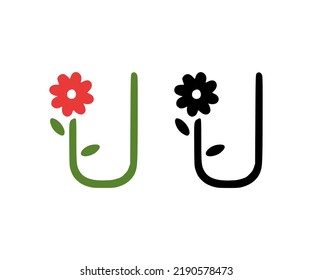 Letra U y icono del doodle de flores rojas