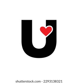 Letra U con monograma de corazón rojo. Icono de letra con amor.