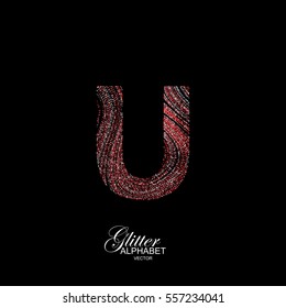 Letter U of red and silver glitters. Typographic vector element for design. Part of curly textured alphabet with shiny paillettes. Letter U with diffusion glitter swirly pattern. Vector illustration