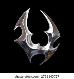 La letra U se representa como un carácter de alfabeto de metal cromado 3D con curvas ornamentales afiladas, que reflejan una forma tribal con una estética de cibersigilismo sobre un fondo oscuro