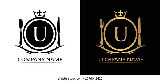 Buchstabe U Logo Vorlage Luxus königliche Lebensmittel Vektorfirma dekorative Emblem mit Krone