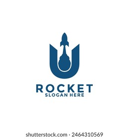 Letter U rocket logo design, rocket launch logo vector image with letter