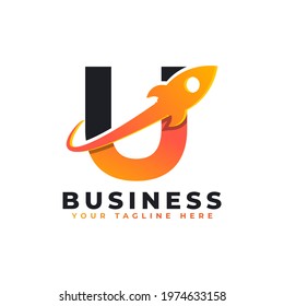 Letter U with Rocket Up and Swoosh Logo Design. Creative Letter Mark Suitable for Company Brand Identity, Travel, Start up, Logistic, Business Logo Template