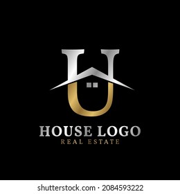 letter U with roof and window luxurious real estate vector logo design