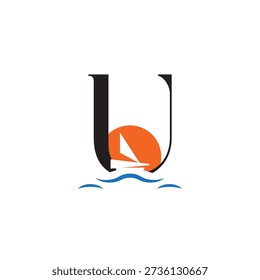 Letter U Sailboat, sun logo design