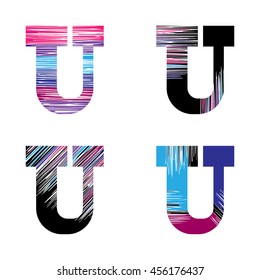 Letter U set. Vector graphic alphabet symbol in grunge style. Design template elements.
