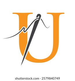 Letter U Sewing Needle Logo Design for Embroider, Textile, Fashion, Cloth, Fabric Symbol