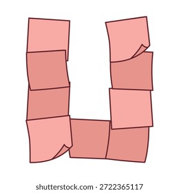 Forma de letra U hecha de notas adhesivas rosas apiladas tipografía gráfica