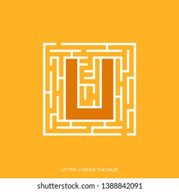 Letter U shape Maze Labyrinth, maze with one way to entrance and one way to exit. Flat design, vector illustration.
