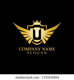 Letter U Shield, Wing and Crown gold in elegant style with black background for Business Logo Template Design, Emblem, Design concept, Creative Symbol, Icon