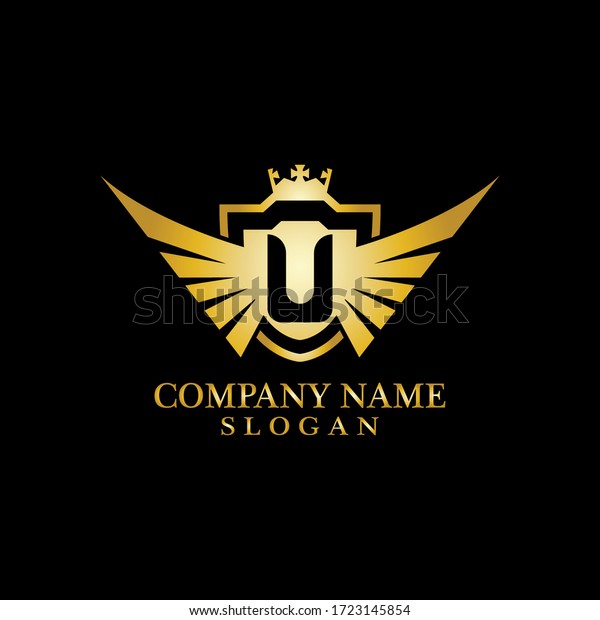 Letter U Shield, Wing and\
Crown gold in elegant style with black background for Business Logo\
Template Design, Emblem, Design concept, Creative Symbol,\
Icon