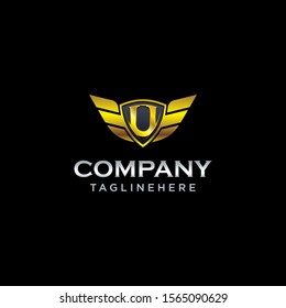 letter U shield with wings gold color logo design concept tempate vector