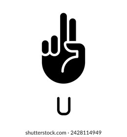 Letter U sign in ASL black glyph icon. Words visualization by special gestures. Communication process. Silhouette symbol on white space. Solid pictogram. Vector isolated illustration