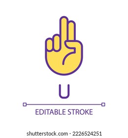 Letter U sign in ASL pixel perfect RGB color icon. Words visualization by gestures. Communication. Isolated vector illustration. Simple filled line drawing. Editable stroke. Arial font used