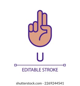 Letter U sign in ASL pixel perfect RGB color icon. Words visualization by gestures. Communication. Isolated vector illustration. Simple filled line drawing. Editable stroke. Arial font used