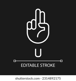 Letter U sign in ASL pixel perfect white linear icon for dark theme. Words visualization by gestures. Thin line illustration. Isolated symbol for night mode. Editable stroke. Arial font used