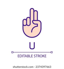 Letter U sign in ASL pixel perfect RGB color icon. Words visualization by gestures. Communication. Isolated vector illustration. Simple filled line drawing. Editable stroke. Arial font used