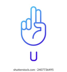 Letter U sign in ASL pixel perfect gradient linear vector icon. Words visualization by gestures. Communication. Thin line color symbol. Modern style pictogram. Vector isolated outline drawing