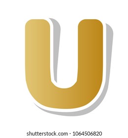 Letter U sign design template element. Vector. Golden gradient icon with white contour and rotated gray shadow at white background.