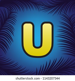 Letter U sign design template element. Vector. Golden icon with black contour at blue background with branches of palm trees.