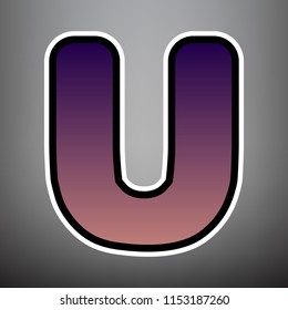 Letter U sign design template element. Vector. Violet gradient icon with black and white linear edges at gray background.