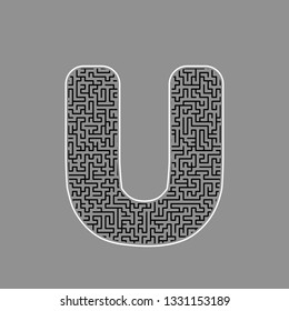 Letter U sign design template element. Vector. Black maze filled icon with white border at gray background.