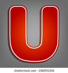 Letter U sign design template element. Flat red icon with linear white icon with gray shadow at grayish background. Illustration.