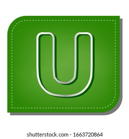 Letter U sign design template element. Silver gradient line icon with dark green shadow at ecological patched green leaf. Illustration.