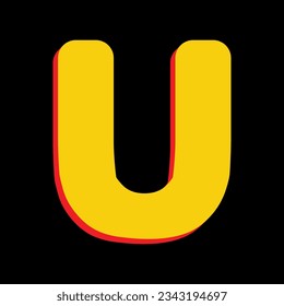 Letter U sign design template element. 3D Extruded Yellow Icon with Red Sides a Black background. Illustration.