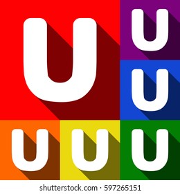 Letter U sign design template element. Vector. Set of icons with flat shadows at red, orange, yellow, green, blue and violet background.