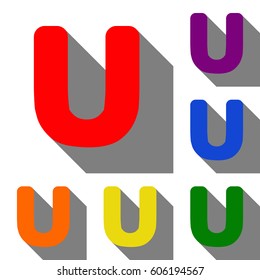 Letter U sign design template element. Set of red, orange, yellow, green, blue and violet icons at white background with flat shadow.