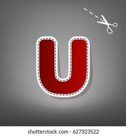 Letter U sign design template element. Vector. Red icon with for applique from paper with shadow on gray background with scissors.