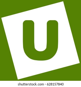 Letter U sign design template element. Vector. White icon obtained as a result of subtraction rotated square and path. Avocado background.