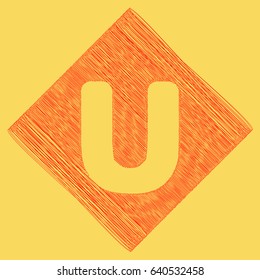 Letter U sign design template element. Vector. Red scribble icon obtained as a result of subtraction rhomb and path. Royal yellow background.