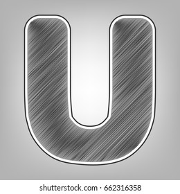 Letter U sign design template element. Vector. Pencil sketch imitation. Dark gray scribble icon with dark gray outer contour at gray background.