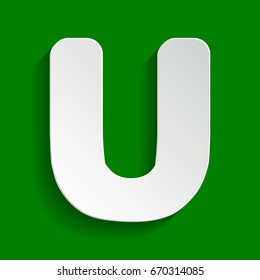 Letter U sign design template element. Vector. Paper whitish icon with soft shadow on green background.
