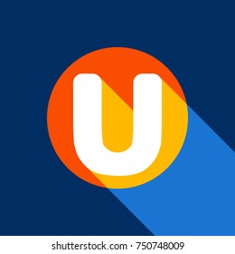 Letter U sign design template element. Vector. White icon on tangelo circle with infinite shadow of light at cool black background. Selective yellow and bright navy blue are produced.
