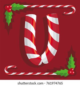Letter U, a sign of red and white sweets, sweet sweet cane on a red background, illustration, vector