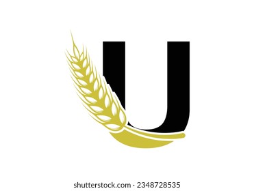 letter U sign symbol with wheat ears wreath. Agriculture Logo Farming Template Vector Symbol