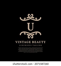 letra U simple cresta de lujo diseño de logotipo vintage vintage para el cuidado de la belleza, medios de vida y marca de moda